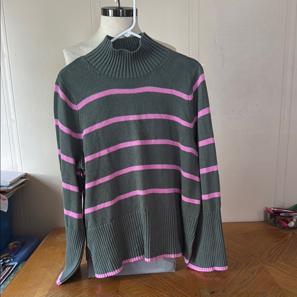Pink and Green Striped Turtleneck Sweater